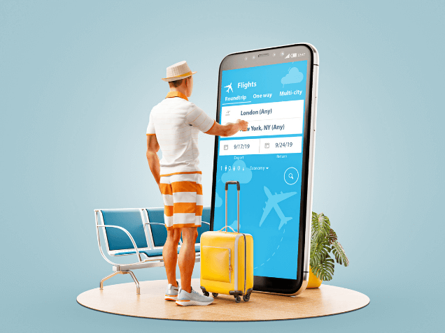 a guy booking flight using mobile app